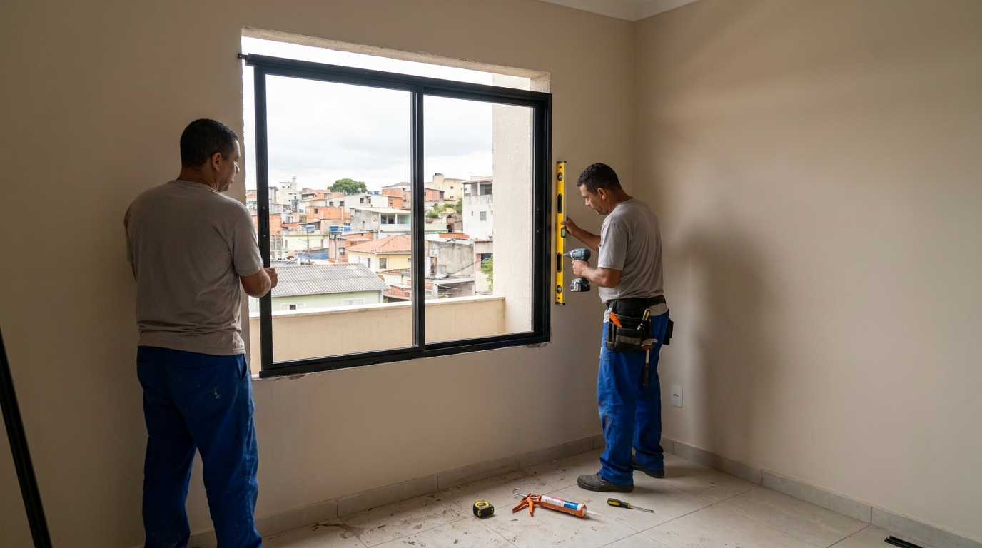 Esquadria de alumínio em quarto bege em Limeira-SP