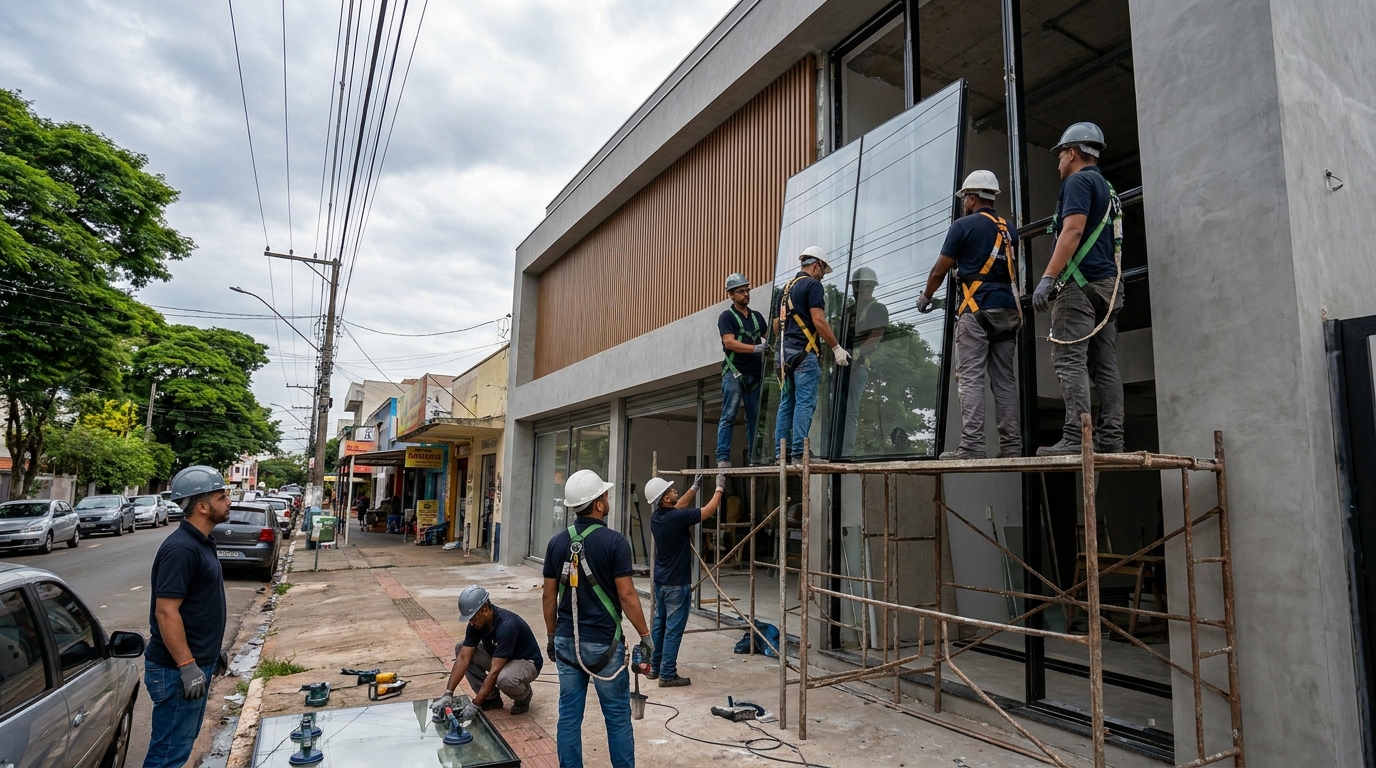 Fachada de vidro com andaime lateral em Limeira-SP
