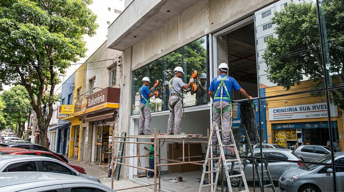 Fachada de vidro com confeitaria vizinha em Limeira-SP
