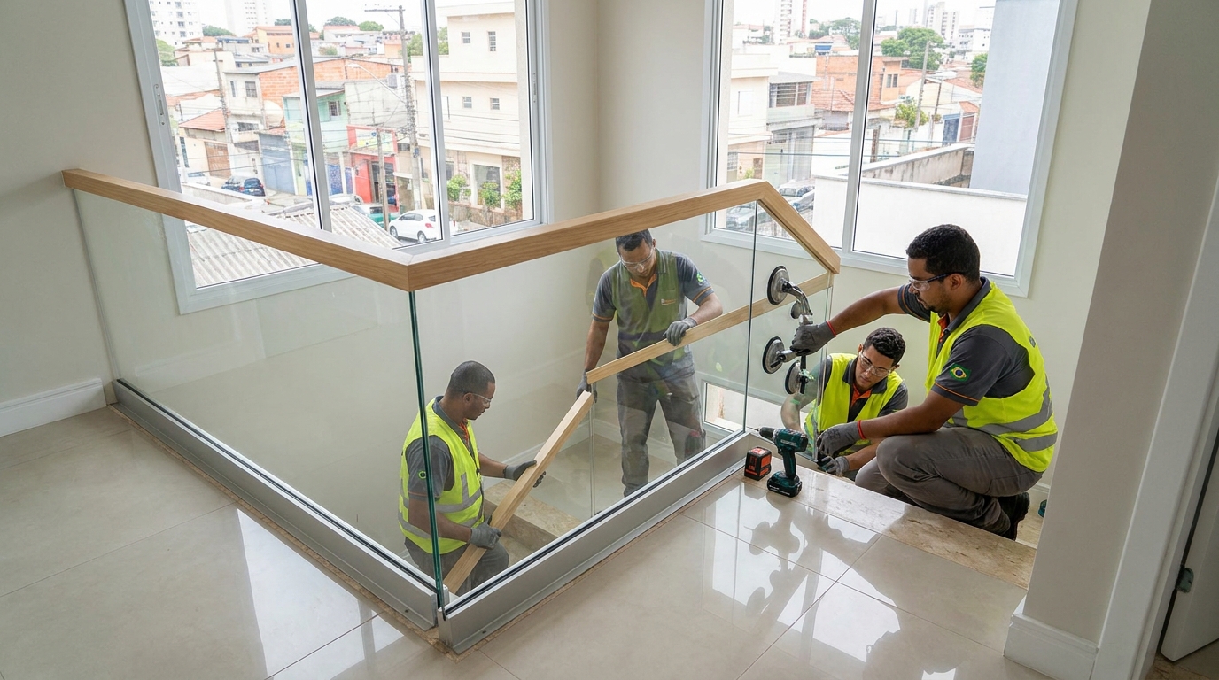 Mezanino interno com guarda-corpo de vidro em Limeira-SP