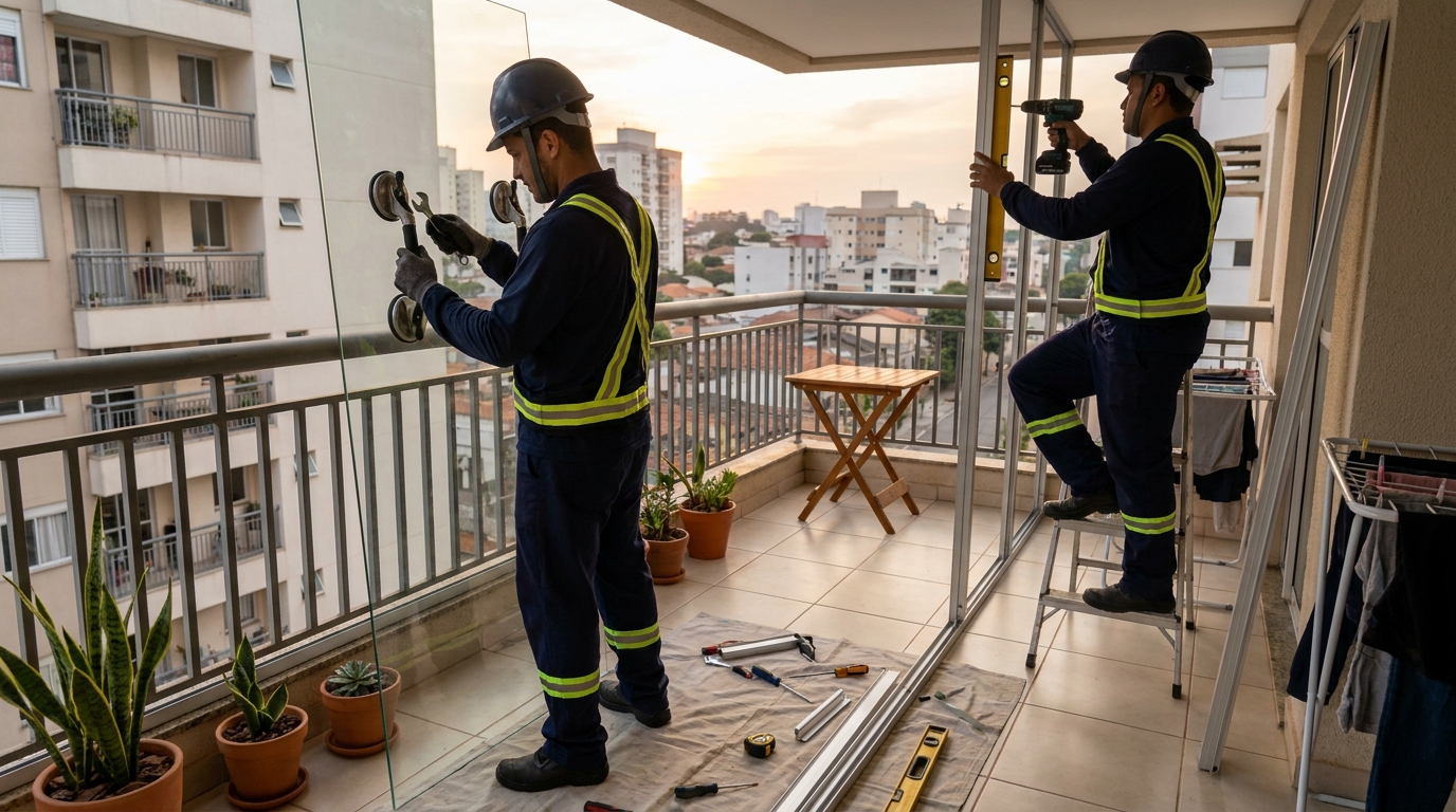 Instalação de parede de vidro em sacada em Limeira-SP