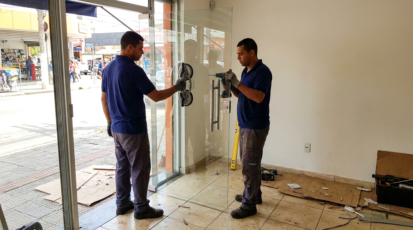 Porta de vidro de loja em rua movimentada em Limeira-SP